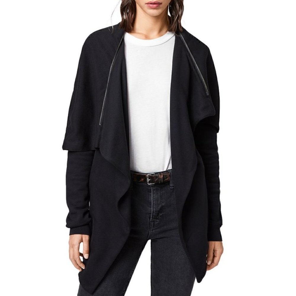 ALLSAINTS‎ Black Dahlia Zip Drape Front Sweatshirt Cardigan Sweater XS